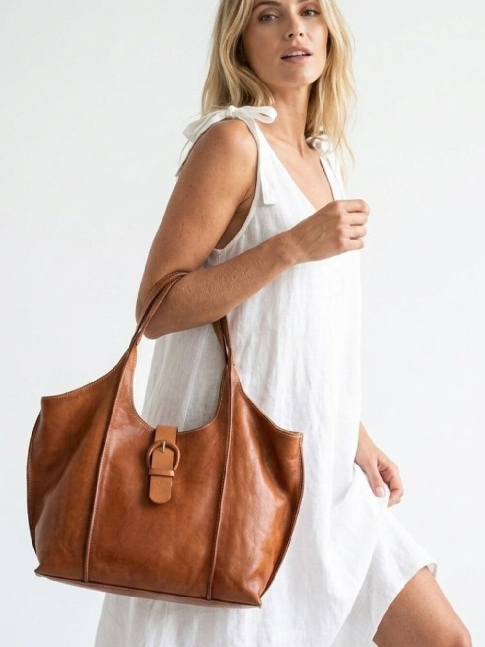 Cavalcanti Cognac Italian Leather Buckle Tote Cognac